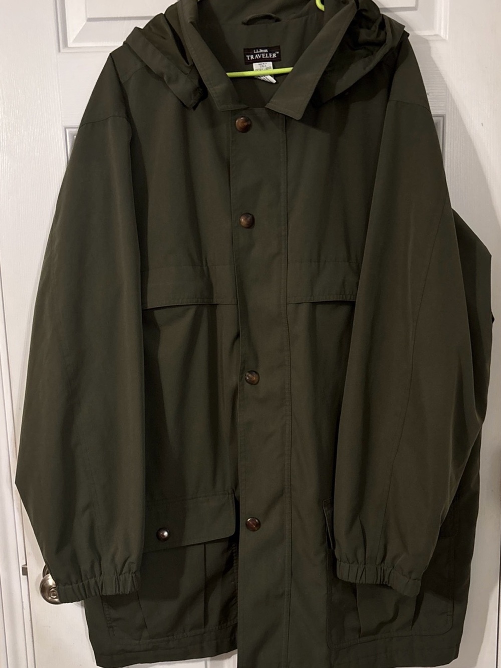 LL Bean Traveler Coat Men's XL Hooded Olive with Button & Zipper Front
